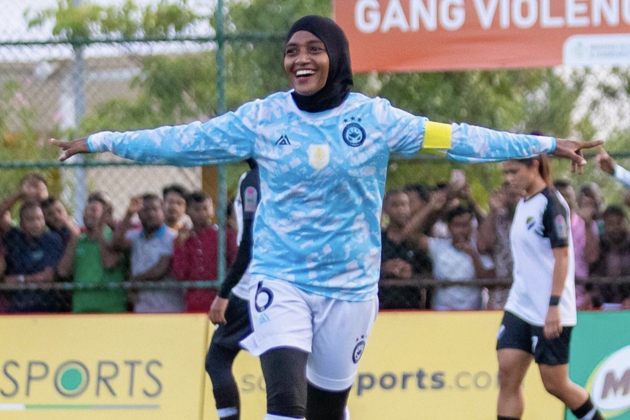 Shaliya celebrates a goal at the Club Maldives Cup 2022. © Image via Shaliya