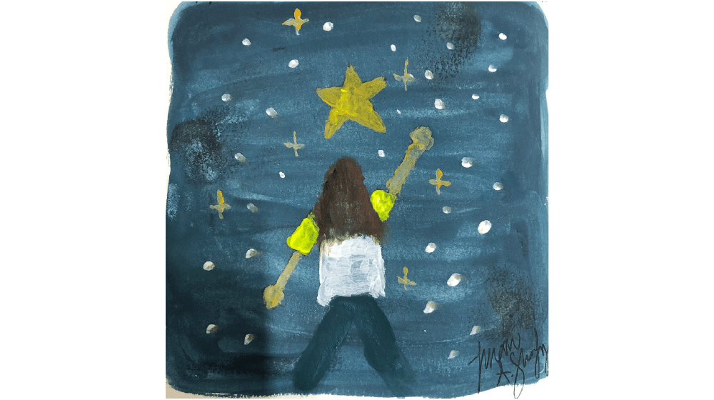 A girl reaching for the stars. © Imani Shafy, watercolor painting. 14/12/2023