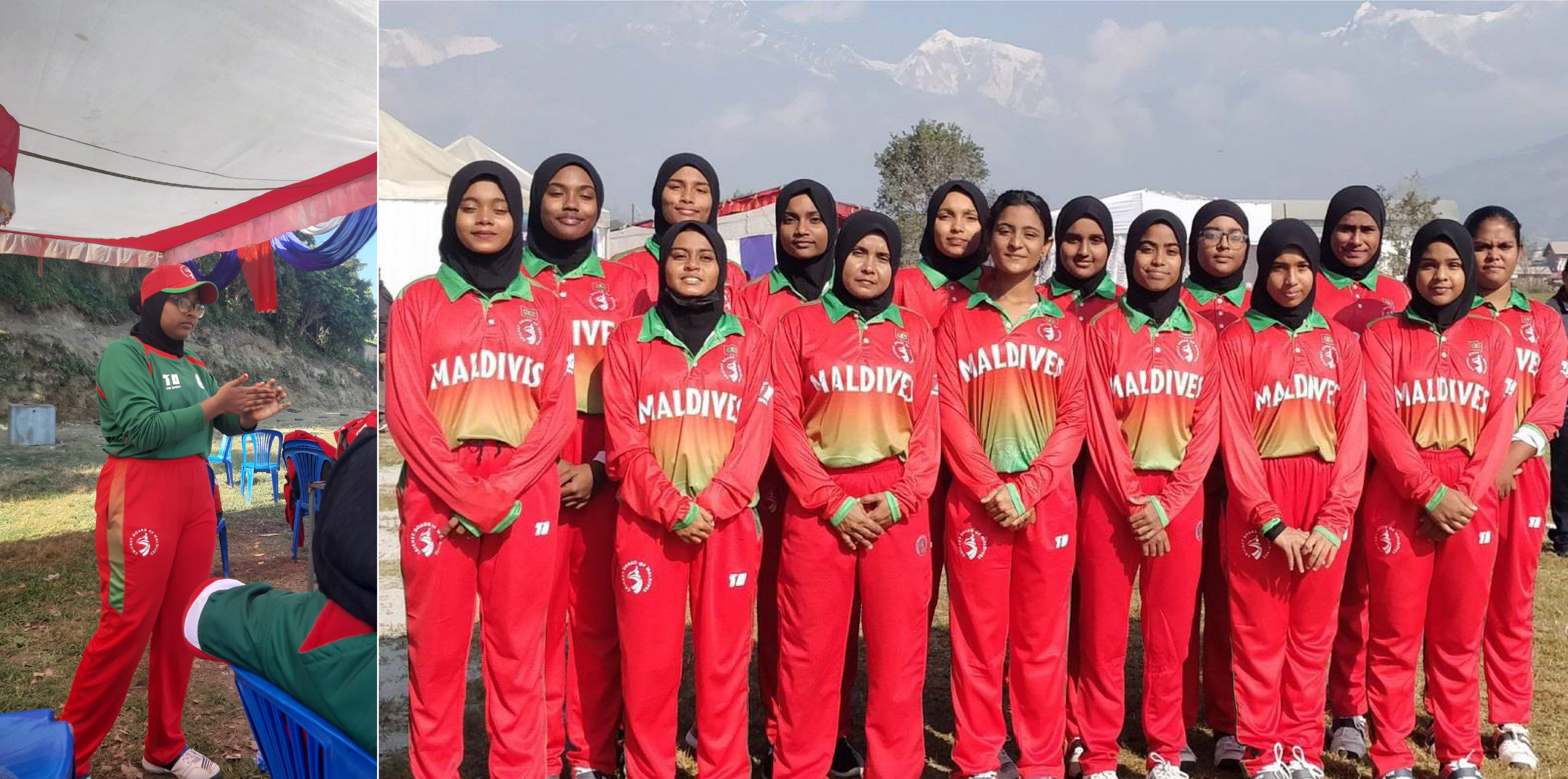 On the left: Leen in focus during practice. On the right: The Maldivian women’s cricket team at the 2019 Asian Games, ready for action. © Cricket Board of Maldives via Leen