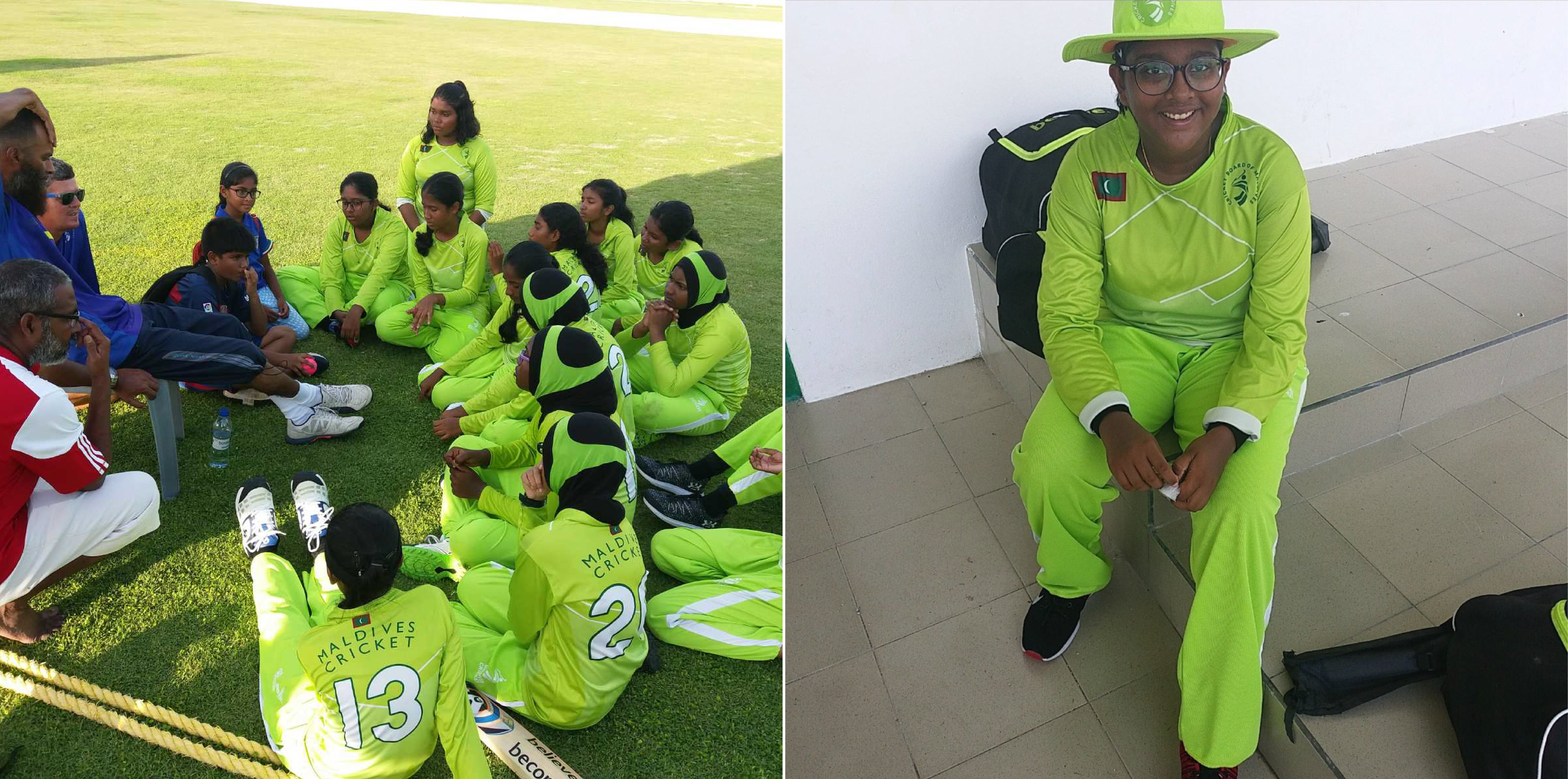 On the left: Team debrief - a circle of learning as Leen and her teammates share post-match reflections. On the right: A cheerful Leen during the early days of her cricketing journey. © Leen