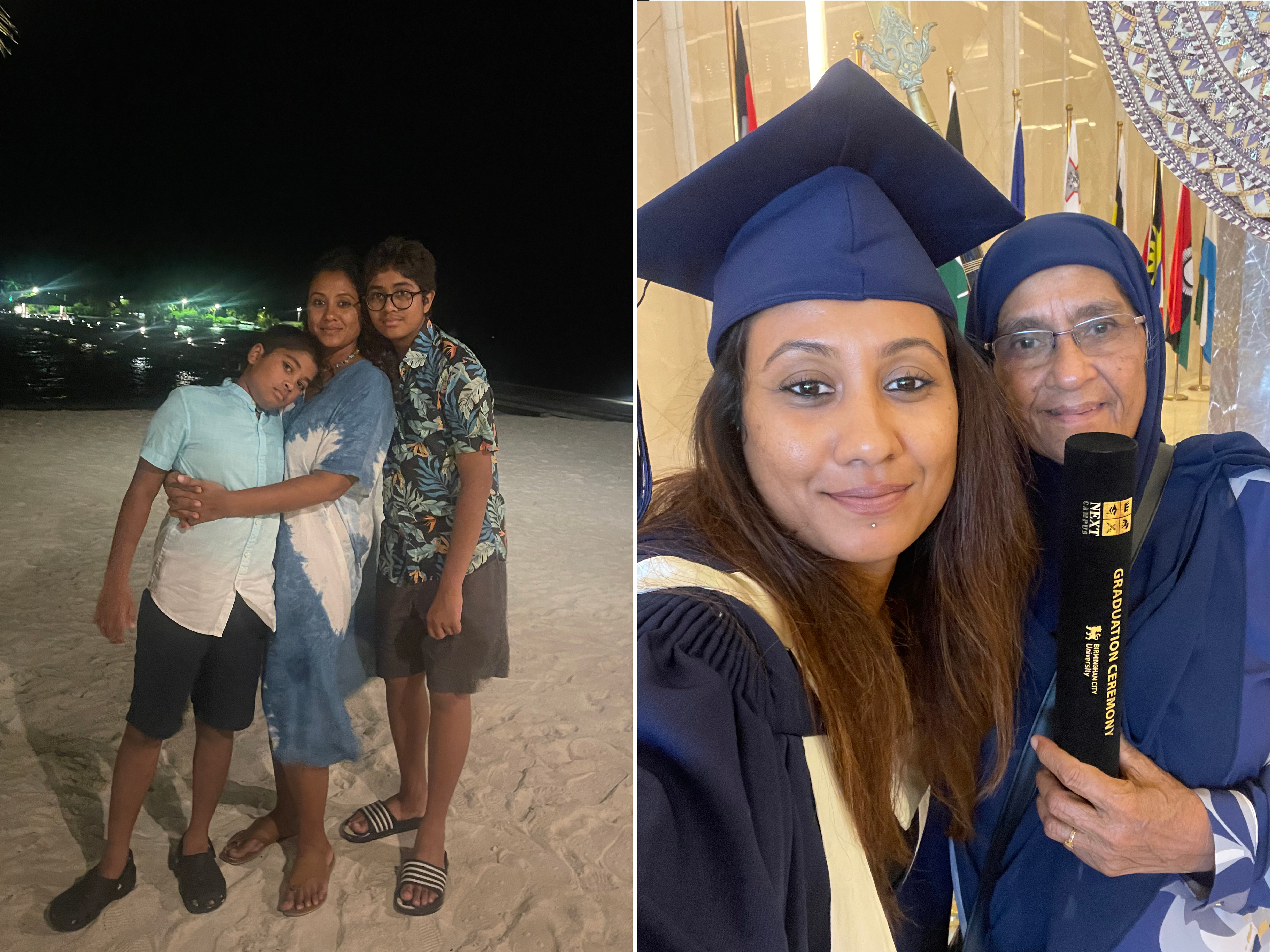 Muna’s family, the heart of her support system. Left: Precious moments with her sons. Right: A proud milestone with her mother at her Master’s graduation. © Muna